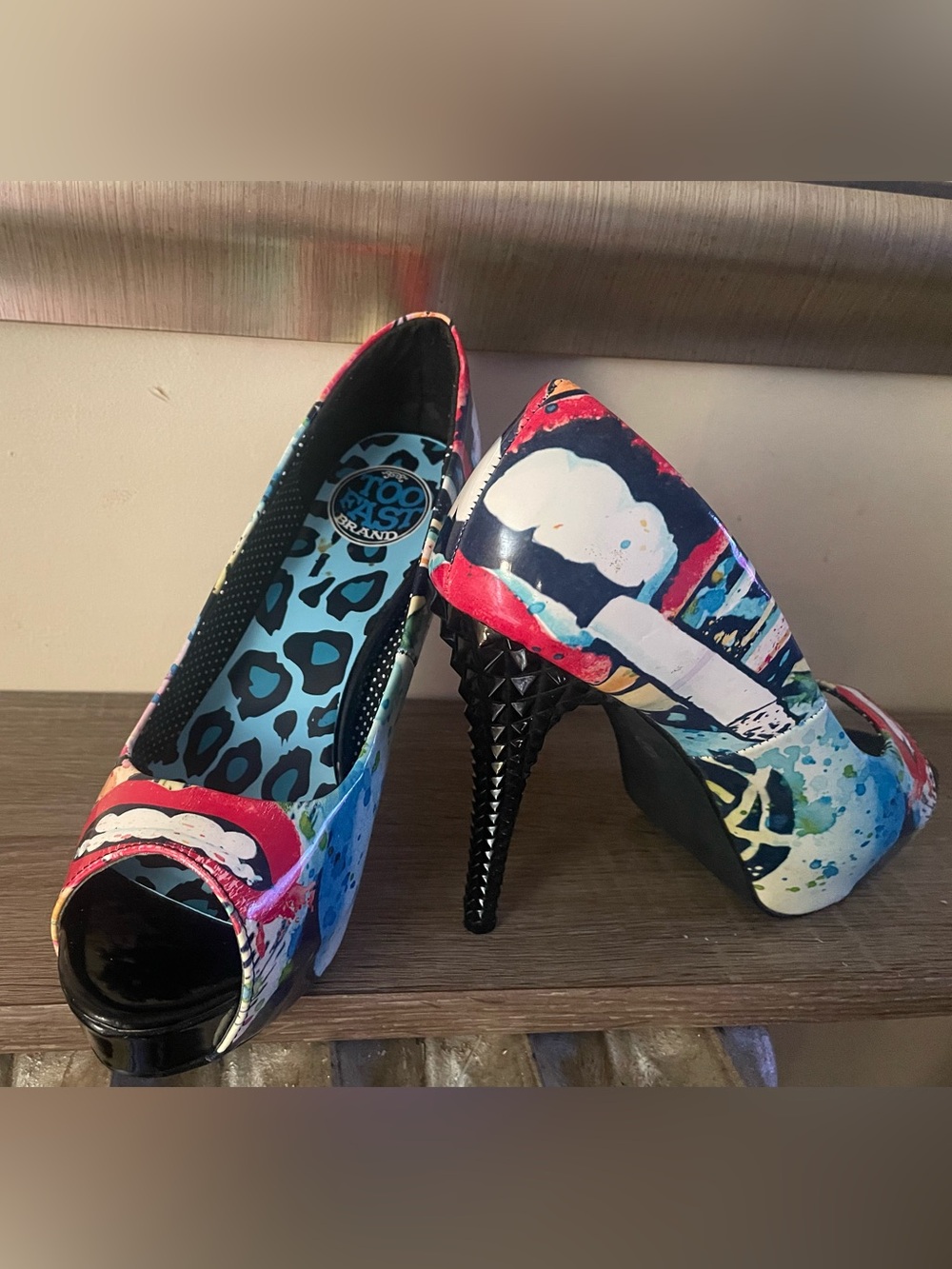 Too Fast Multicolor Graphic Peep-Toe Heels with Studded Black Heel